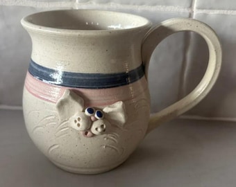 Francine Zajac Studio Art Pottery Cat Face Mug, Signed, Pink & Blue Stripe