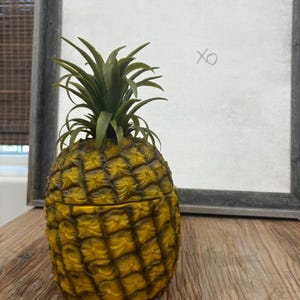 Puede incluir: Un recipiente amarillo en forma de piña con tapa extraíble y parte superior verde y frondosa. El recipiente está sobre una superficie de madera. En el fondo hay una obra de arte enmarcada con las letras "XO" escritas.