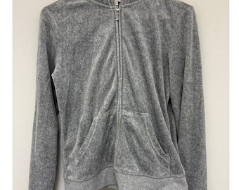 Juicy Couture Gray Velour Zip Hoodie Womens Medium Rhinestone Logo Y2K