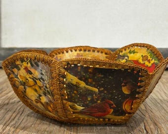 Cesta para pájaros vintage hecha a mano con decoupage, arte popular, decoración de casa de campo con cardenales