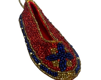 Vintage Beaded Red Ballet Slipper Christmas Ornament Handmade Folk Art