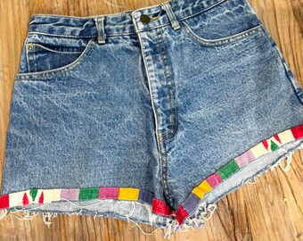 Vintage GUESS Georges Marciano Denim Shorts 31 High Waist Embroidered Trim 80s