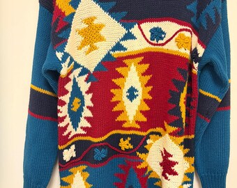 Vintage Huntington Ridge Sweater M Ramie Cotton Southwestern Abstract 80s 90s