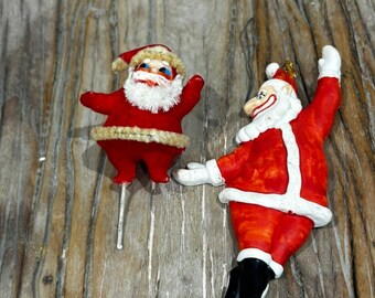 Lot 2 Vintage Santa Claus Christmas Ornaments Flocked Knee Hugger Plastic Decor