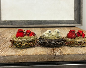 Set of 3 Bird Nest Ornaments Cardinals Baby Birds Rustic Christmas Decor