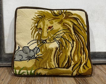 Vintage Needlepoint Lion Mouse Pillow Cushion Aesop Tapestry Zippered 12" X 12"