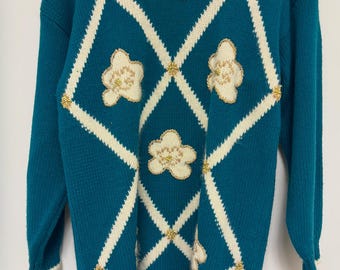 Vintage Dana Scott Sweater L Teal Floral Applique Gold 80s 90s Shoulder Pads