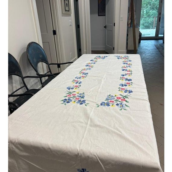 ヴィンテージ手刺繍花柄テーブルクロス 56インチ×100インチ長方形