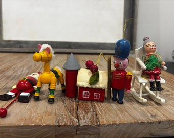 Vintage Christmas Ornament Lot of 5 Wood Taiwan Soldier Santa House Grandma