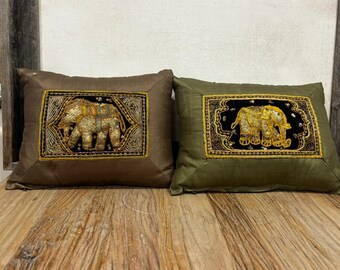 Pair Hand Beaded Elephant Throw Pillows Silk Sequin Boho Indian 8.5 X 11.5