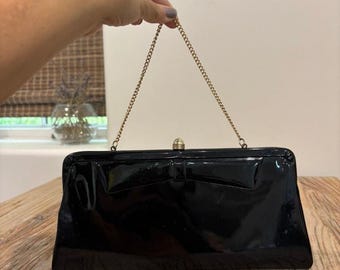 Vintage Black Patent Leather Clutch Purse with Gold Chain & Bow Accent