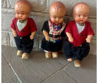 Lot 3 Vintage Dutch Volendam Dolls Sleep Eyes Wooden Clogs Made in Holland 5.5"