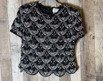 90s Vintage Papell Boutique Silk Beaded Black Scallop Top
