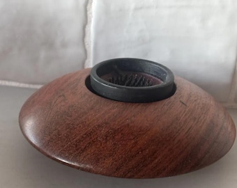 Joseph Kovecses Signed Wood Ikebana Vase, Turned Saucer w/ Flower Frog, 5.5"