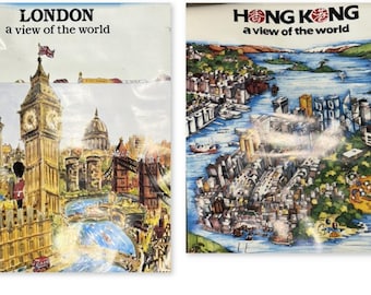 2 Vintage Harvey Hutter A View of the World Posters London Hong Kong 1988