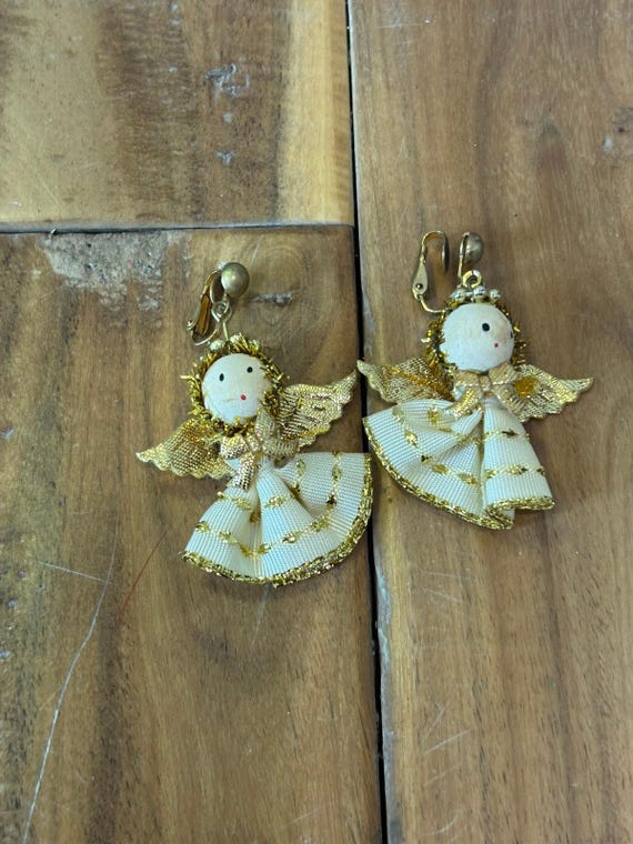 Boucles D'oreille Clips Vintage En Bois Années 90 - Pendantes Marron, Occasion