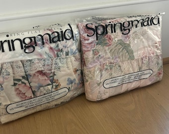 Lot of 2 NOS Vintage Springmaid Bridal Bouquet King Flat Sheets Floral Lace Cottagecore