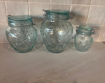 Juego de tarros de cristal italianos Bormioli Rocco con tapa de cierre hermético y botes para fruta con relieve (lote de 3)