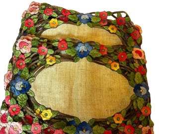 Vintage Floral Applique Linen Placemats Set of 8 Hand Embroidered Cutwork