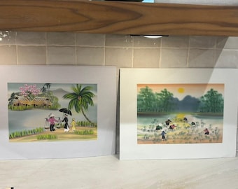 2 Vietnamese Hand Painted Silk Paintings Rice Paddy Village Scene Signed Vietnam