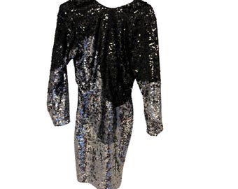 Suknia wieczorowa Vintage Lillie Rubin w kolorze czarno-srebrnym z cekinami w stylu lat 80., rozmiar 8