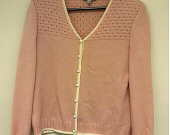 Vintage St John Sport Marie Gray Cardigan Sweater Pink Cream Knit Size S