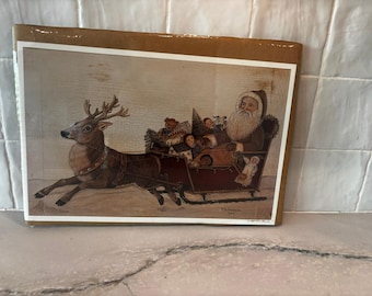 Vintage 1987 Santa Sleigh Folk Art Print Christmas Decor Schneeman NEW