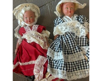 2 Vintage Belgian Souvenir Dolls Charleroi Louvain Lace Costume Original Tags