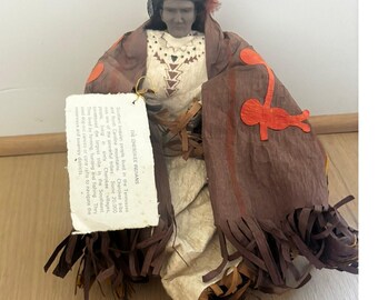 Vintage Cherokee Indian Folk Art Doll Bark Wood Handmade Figure 9"