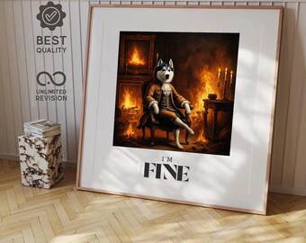 May include: Framed art print featuring a husky dog dressed in historical attire, seated in a chair before a fireplace. The print has the text "I'M FINE" in bold letters. The artwork is displayed in a room with a wooden floor.