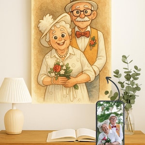 Retrato de acuarela personalizado para el 50.º aniversario de bodas de oro, regalo personalizado para padres o abuelos, estilo de dibujos animados retro a partir de una foto.