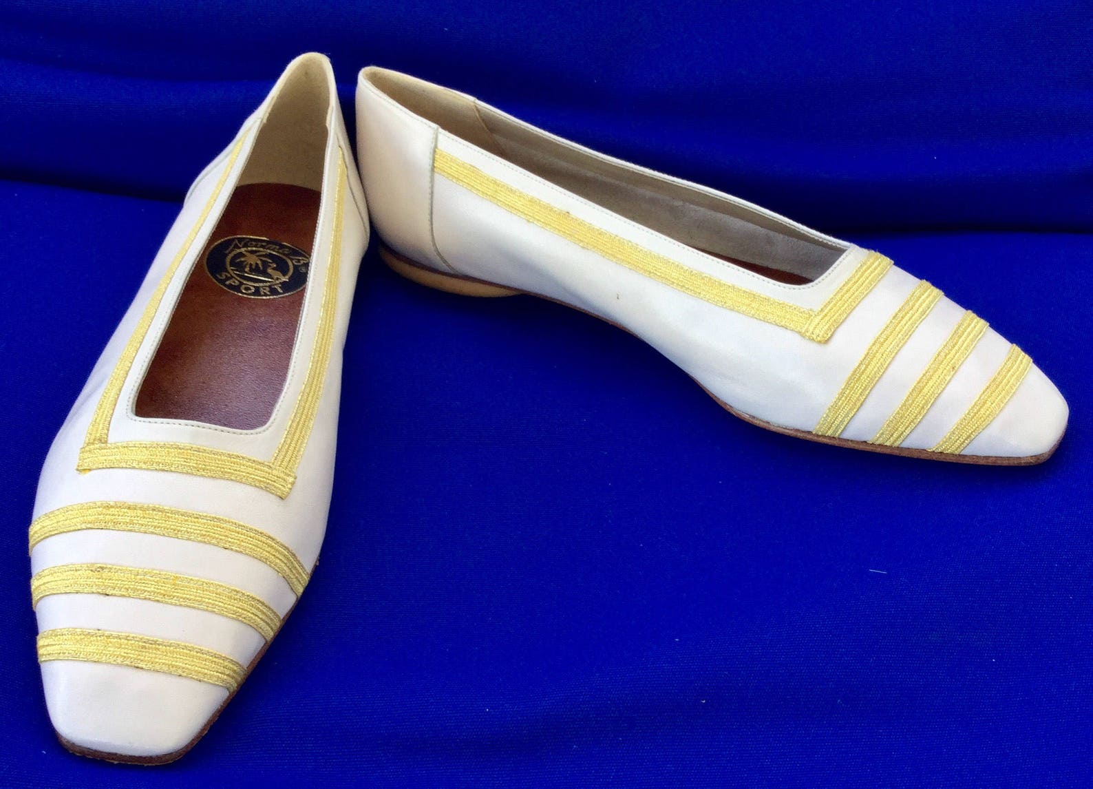 cool vintage nautical norma b sport white leather w/gold band square toe ballet/flat shoes(reduced)