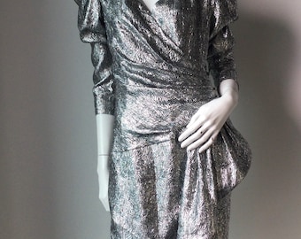 Vintage 80s Rickie Freeman For Teri Jon Metallic Silver Brocade Couture Evening Dress