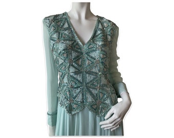 Vintage Circa 1960s Victoria Royal Ltd Heavily Beaded Art Deco Style Gown//Mint tone Silk Chiffon Maxi Dress// Size 8
