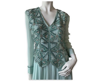 Vintage Circa 1960er Victoria Royal Ltd Stark beaded Art Deco Style Kleid/Mint ton Seide Chiffon Maxi Kleid