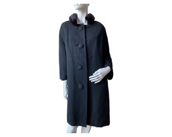 Vintage 1960s Black Coat W/ Burgundy Mink Collar