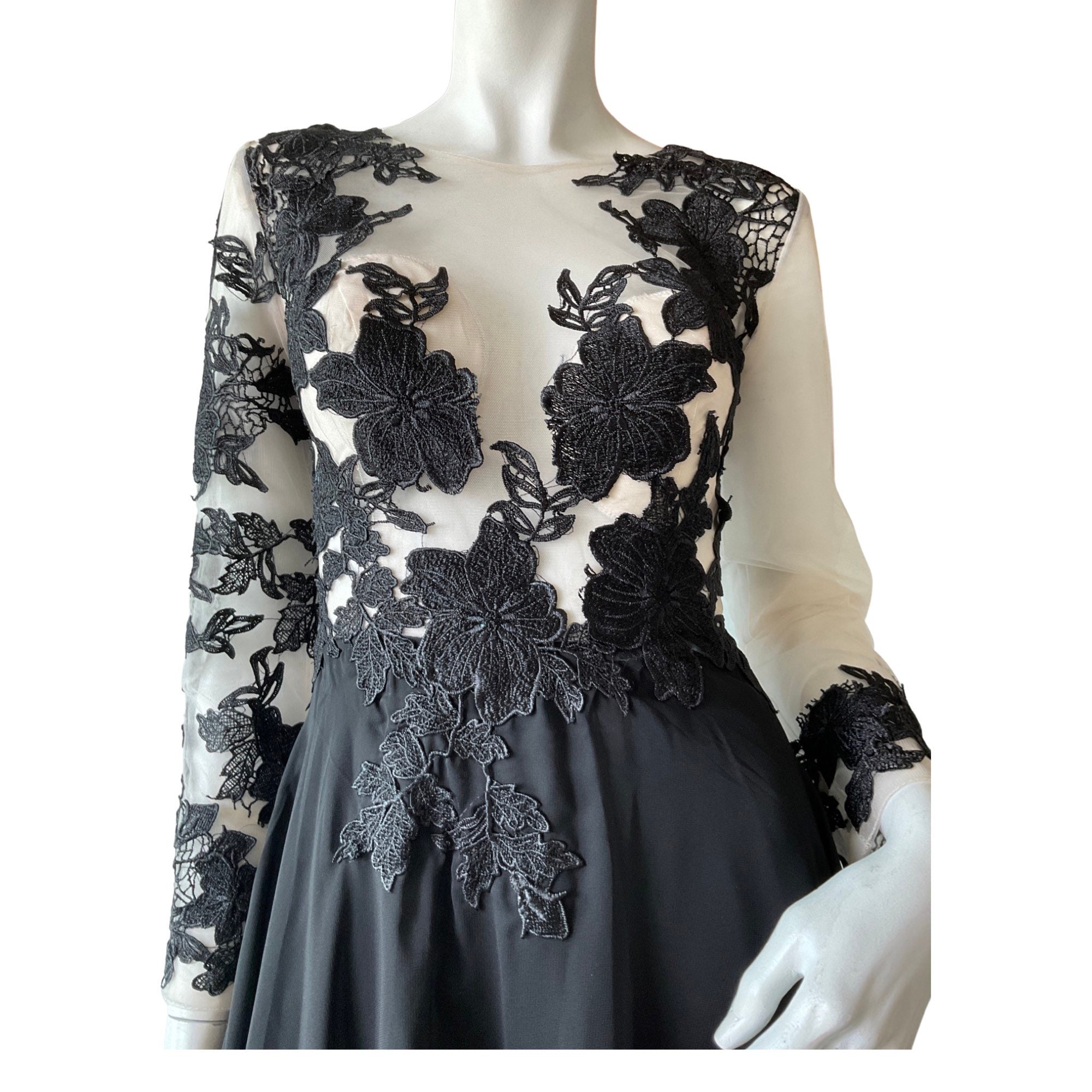 Formal Evening Gown// Black Lace Long Sleeve// Long Tale Red  