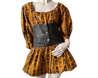 Vintage Reconstructed African Motif Mini// Leather Corset Belt Dress