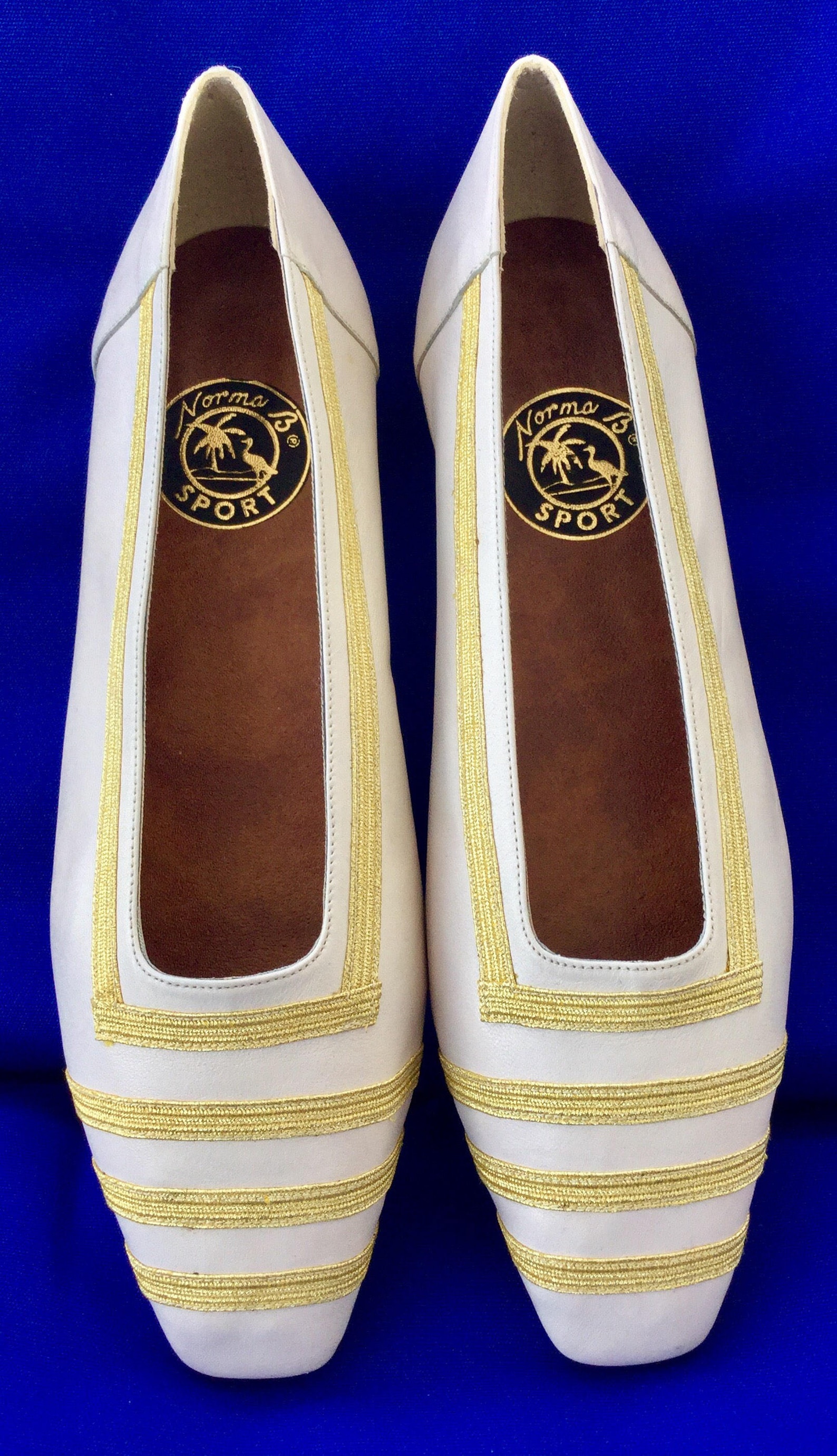 cool vintage nautical norma b sport white leather w/gold band square toe ballet/flat shoes(reduced)