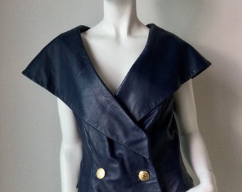 Vintage 80s JIKI Montecarlo Creations Luxurious Navy Blue Leather Couture Sleeveless Jacket Top