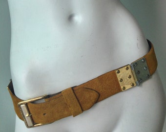 Vintage 70s Vera Neumann Suede Belt , Mustard Yellow Suede W/ Gold & Silver hardware Hinged Belt