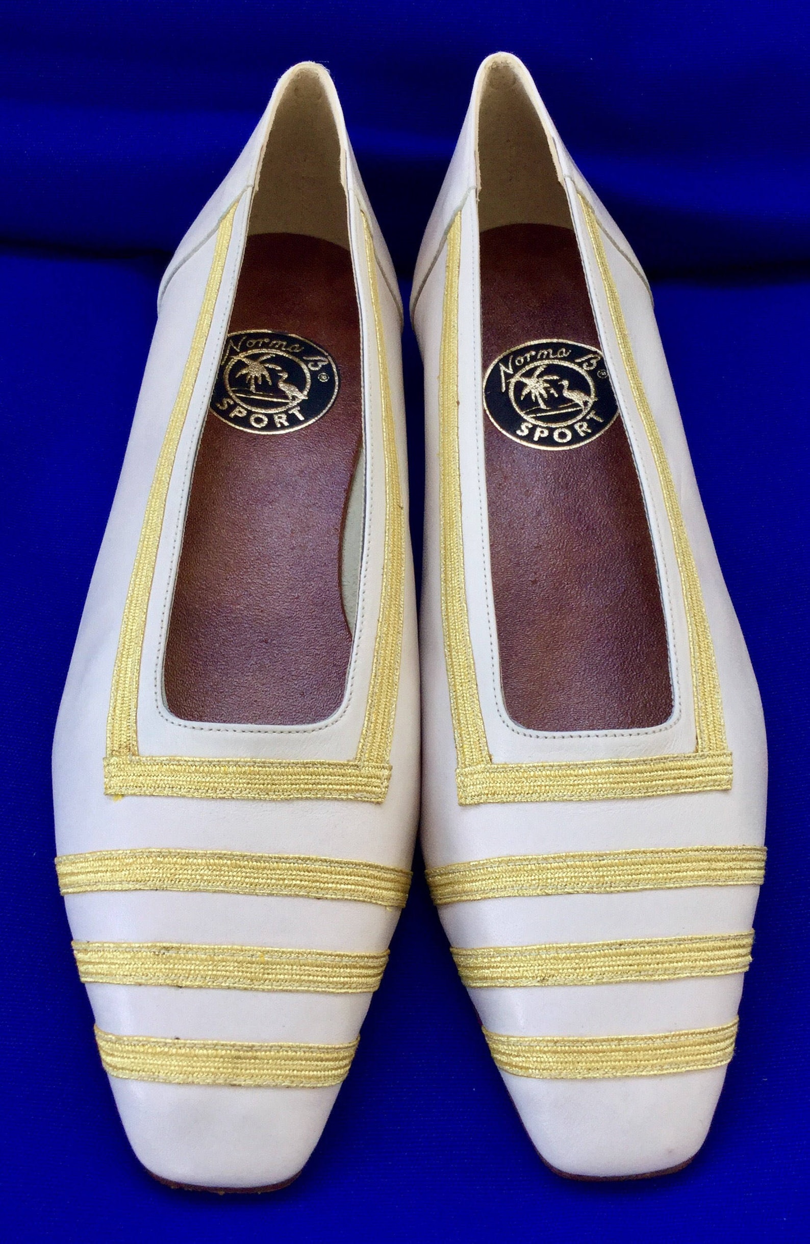 cool vintage nautical norma b sport white leather w/gold band square toe ballet/flat shoes(reduced)