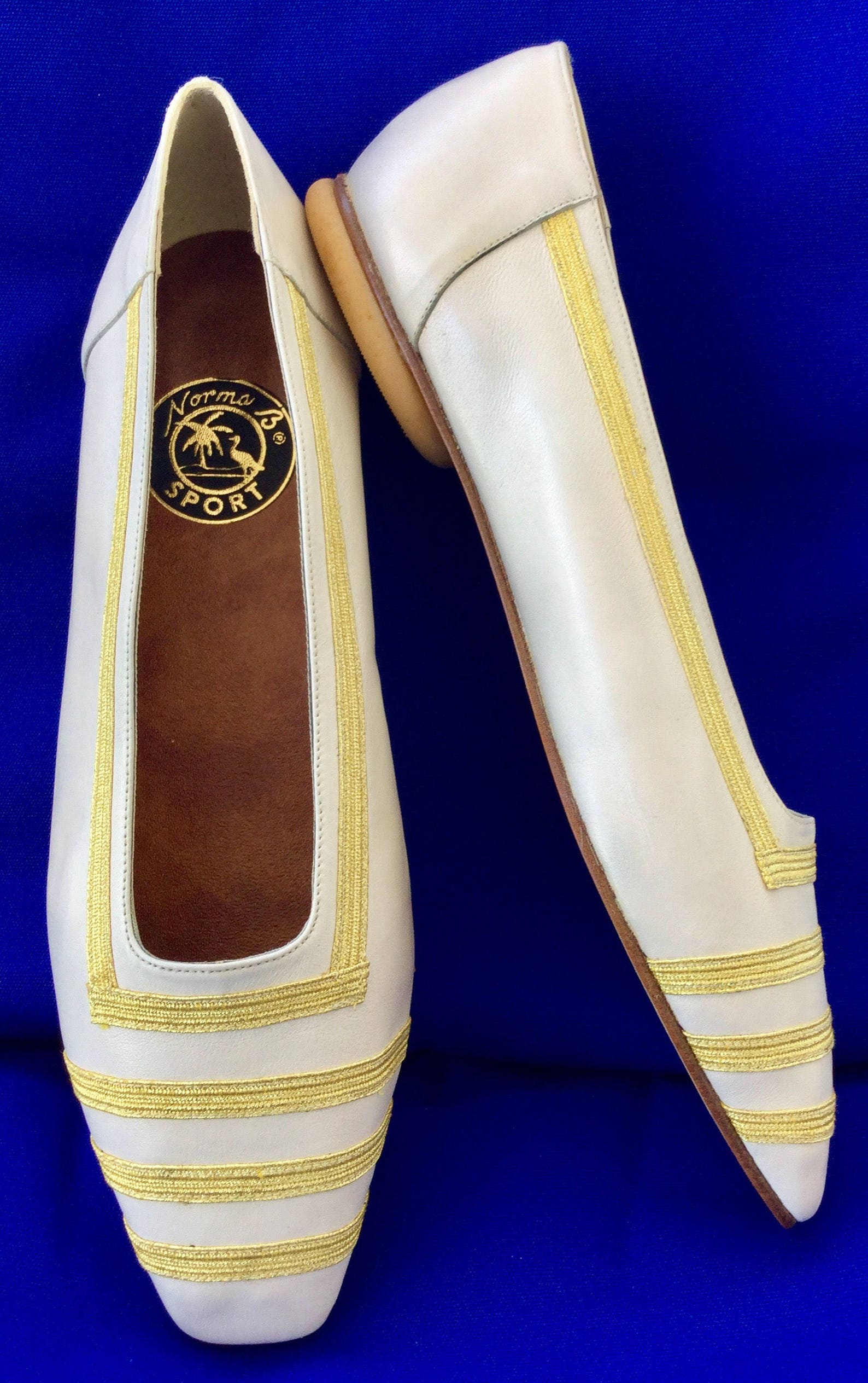 cool vintage nautical norma b sport white leather w/gold band square toe ballet/flat shoes(reduced)