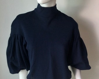 Vintage 80s JIKI Montecarlo Creations Navy Blue Silk Wool Pull Over Couture turtleneck Sweater Top