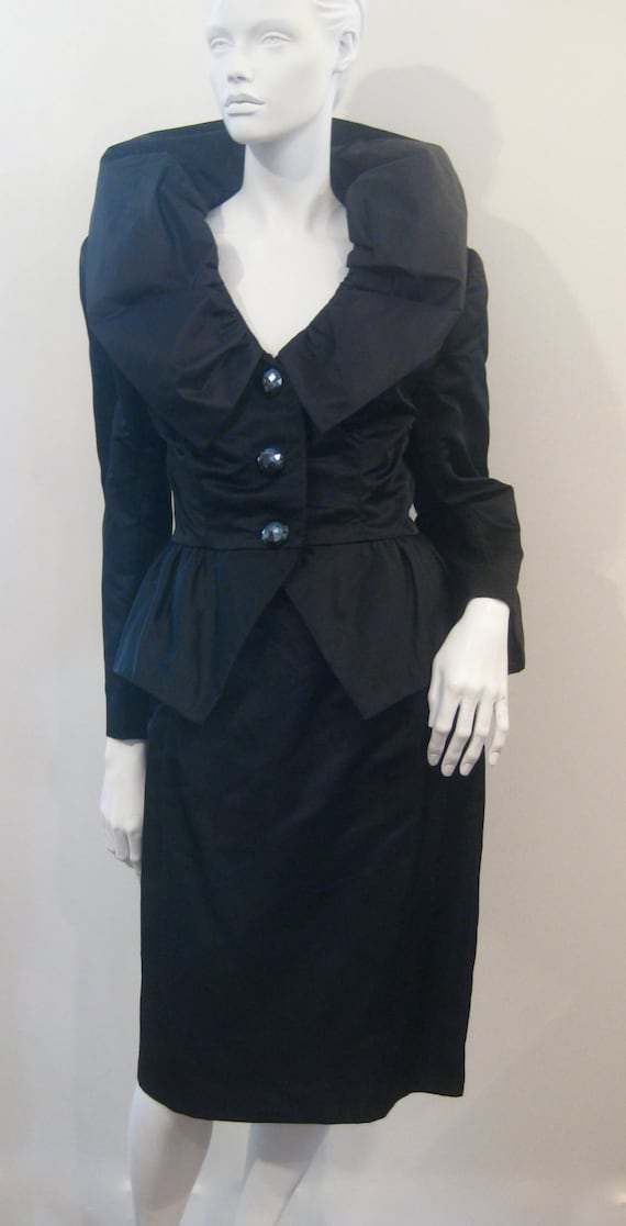 Vintage 80s Silk Satin Black Couture Cocktail/Eve… - image 2