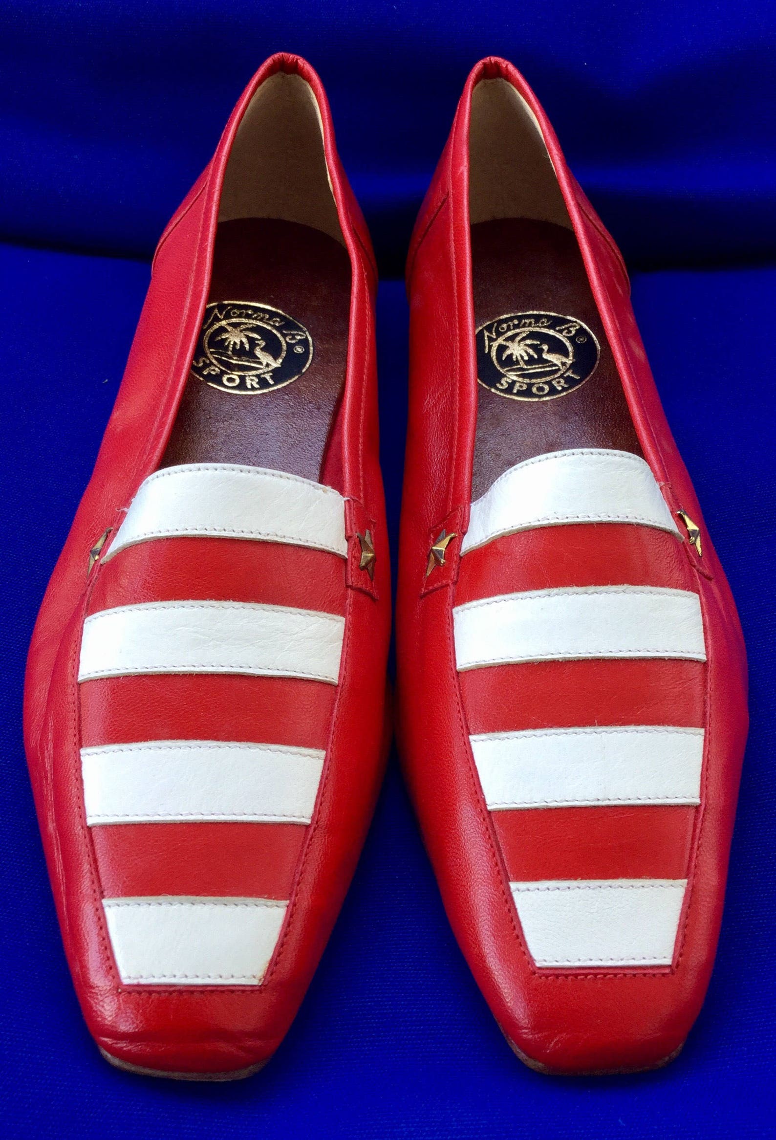 cool vintage norma b sport nautical stripes white/red leather square toe ballet/flats (reduced)