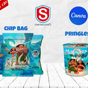 May include: Three chip bags and a Pringles can featuring a Moana theme. The chip bags have a blue ocean background with Moana and Maui. The Pringles can has the text "Madison's 4th Birthday".