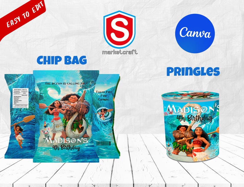 May include: Three chip bags and a Pringles can featuring a Moana theme. The chip bags have a blue ocean background with Moana and Maui. The Pringles can has the text "Madison's 4th Birthday".