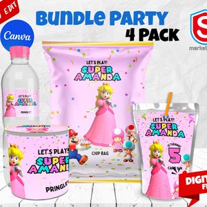Princess Peach Party Bundle: Capri Sun, Chip Bag, Water Bottle (Digital File)