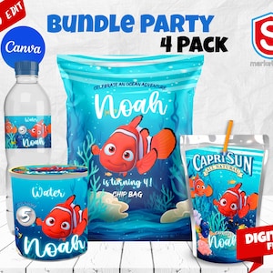 Puede incluir: Un paquete de fiesta con temática de Nemo, que incluye una botella de agua, una bolsa de patatas fritas, una bolsa de zumo y una taza. Cada artículo está decorado con peces de dibujos animados y el nombre "Noah". El texto "BUNDLE PARTY 4 PACK" se muestra en la parte superior.